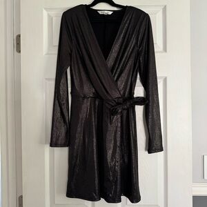 BCBG Black Metallic Long Sleeve Wrap Dress